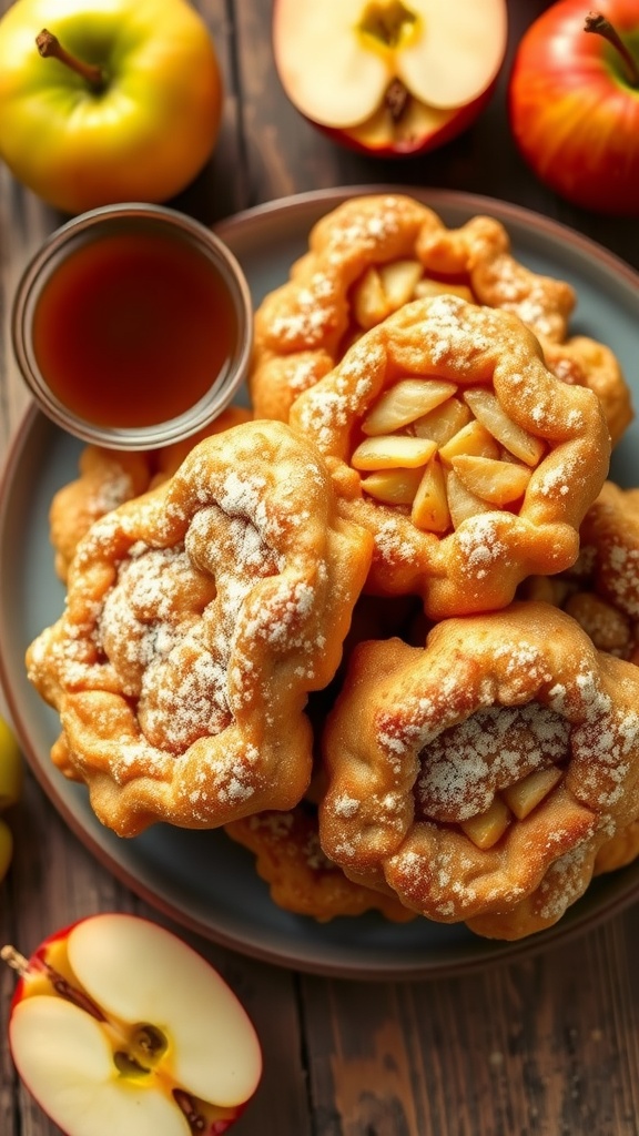 Golden apple fritters dusted with powdered sugar on a plate, with apple slices and caramel sauce.